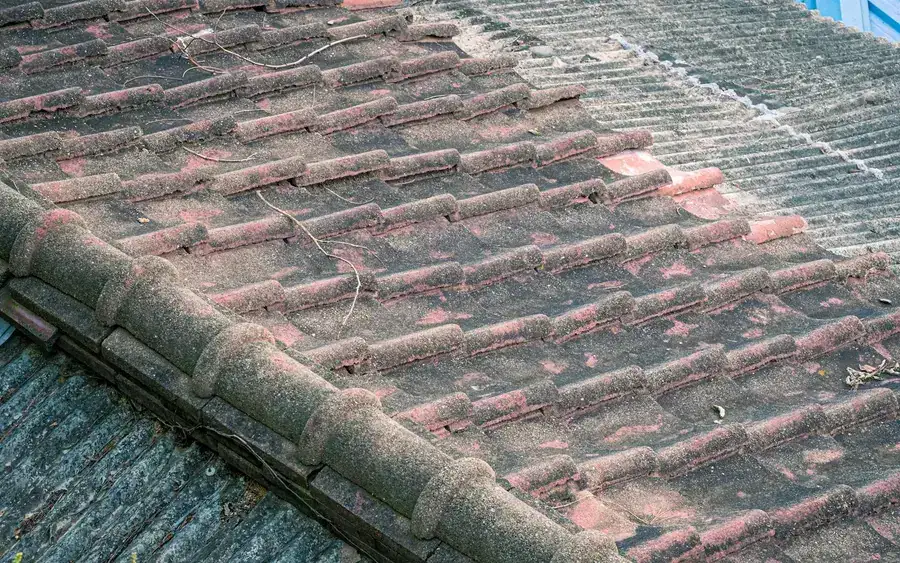 Before: a tired, weathered roof covering with slipped and worn tiles