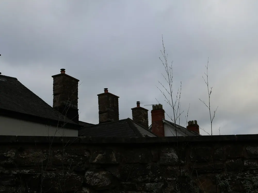 A roofscape of Havering rooftops and chimney stacks under a soft sky