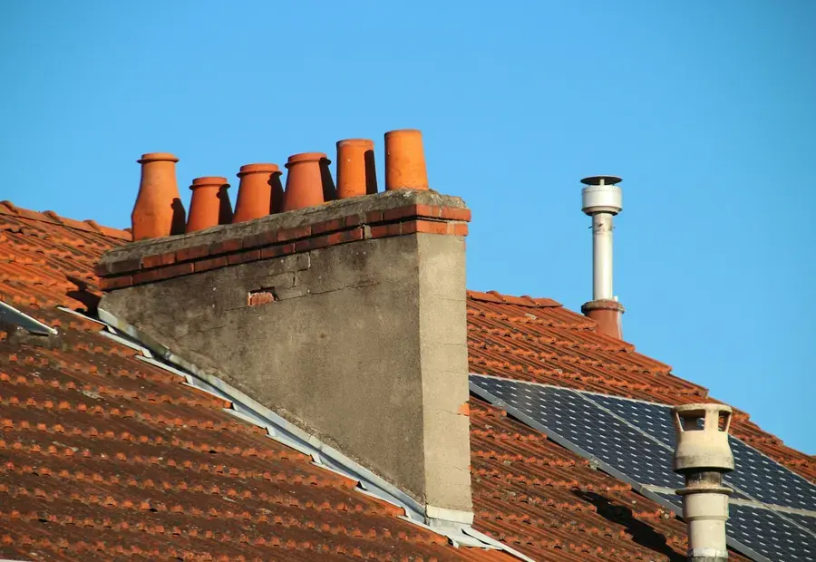 Brick chimney stacks with pots rising from a tiled roof against a blue sky