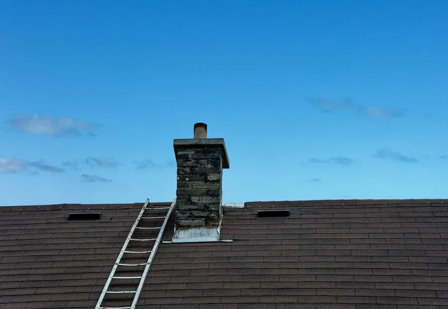 A ladder set against a tiled roof and chimney, ready for an emergency roof inspection