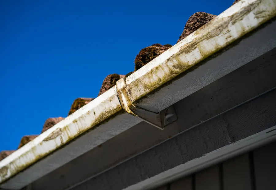 Guttering and a downpipe running along the edge of a tiled roof